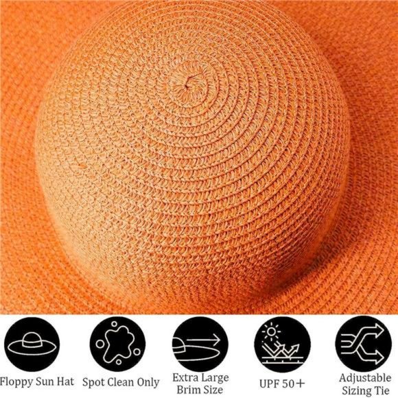 Orange Straw Hat Trendy Wide Brim Floppy Large Oversized Visor Hat Cap Beach - Picture 4 of 5